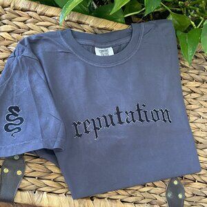 Embroidered Reputation Tee on Charcoal Grey